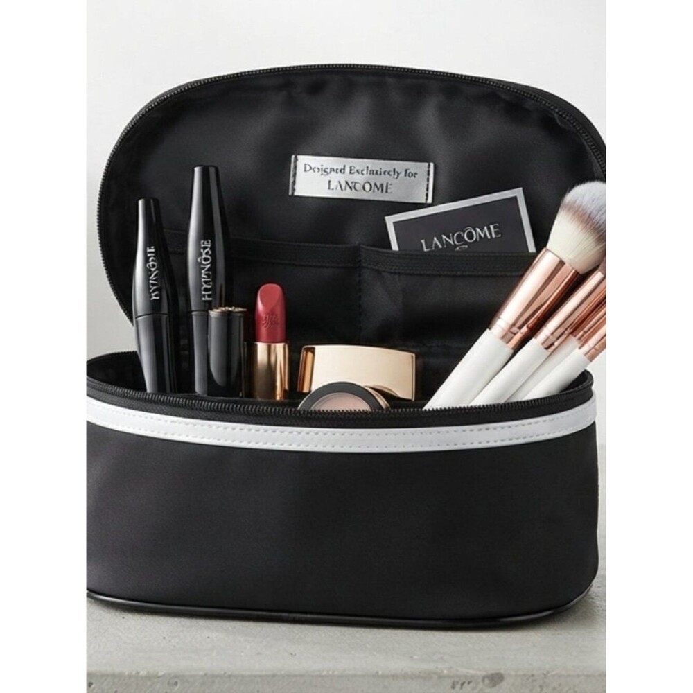 Lancôme Black Nylon Oval Cosmetic Bag Travel Makeup Case Silver Stripe